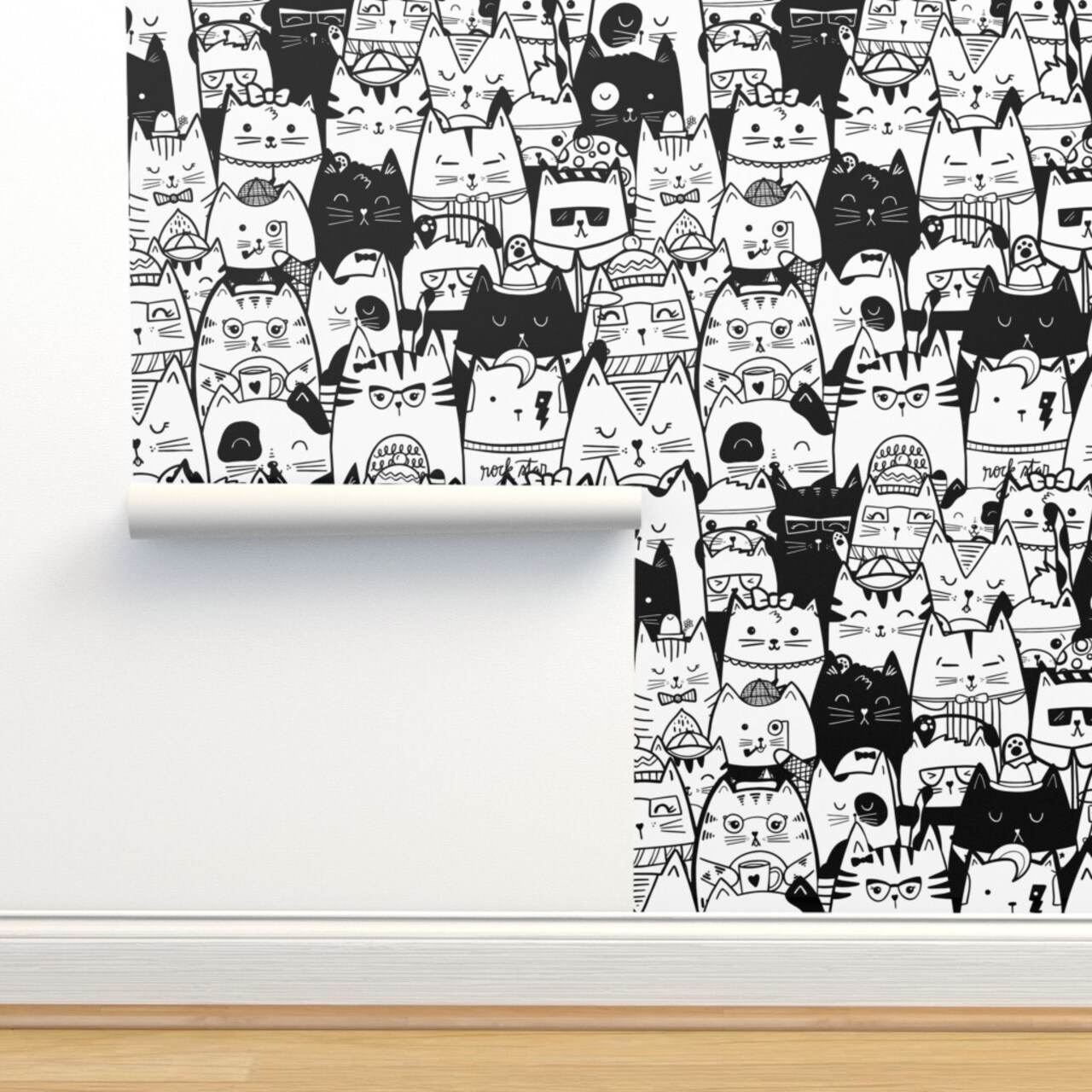 Black Cats White Rescue Cats Kids Kittens Cat Cute Funny Custom Removable Wallpaper by Spoonflower Peel & Stick Wallpaper 2FT Wide